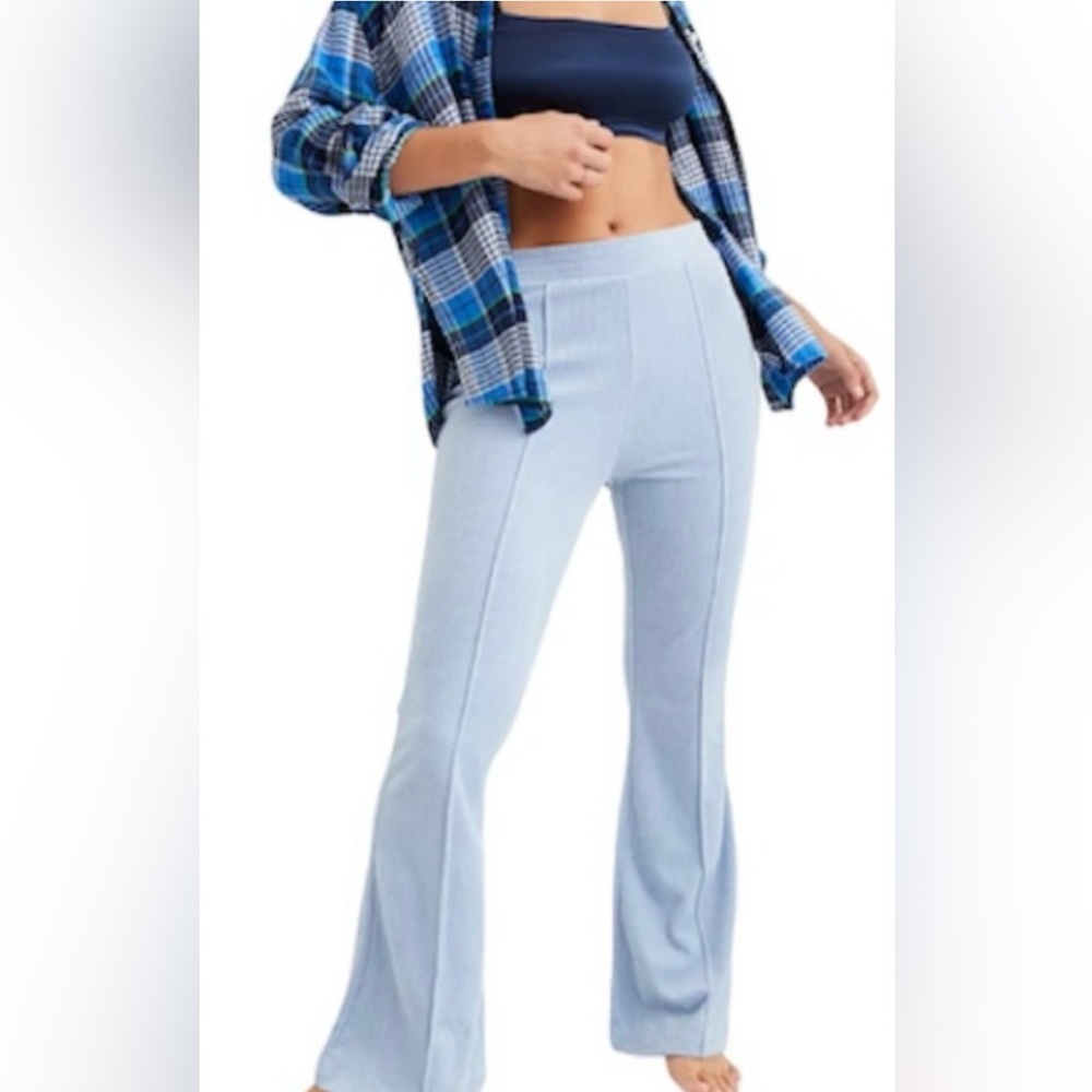 Aerie Groove-On Rib Cotton Blend Flare Pants In Light Blue Size M